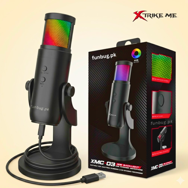 Xtrike-Me Professional Condenser Microphone for Studio Recording - USB Powered Omnidirectional Dynamic Gaming Mic for Mobile, PC, Desktop, Podcasting, Live Streaming, Singing, ASMR, Youtube - 12 RGB Lighting Modes - 360° Rotatable Body - XMC03 by FunBug